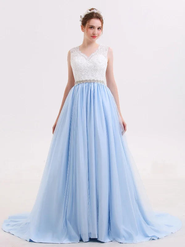 Peplum - style wedding dress for a flattering silhouetteLace Bodice Tulle Skirt Bridal Dress with Sash-Sky Blue