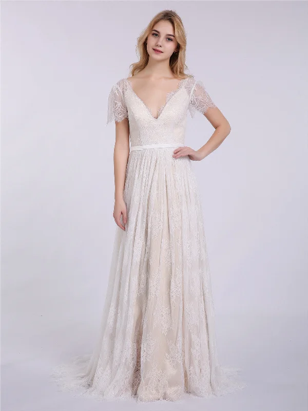 Lace - over - satin wedding dress for a classic combinationV-neck Lace Wedding Dress with Short Sleeves-Champagne Lace - over - satin wedding dress for a classic combinationV-neck Lace Wedding Dress with Short Sleeves-Champagne