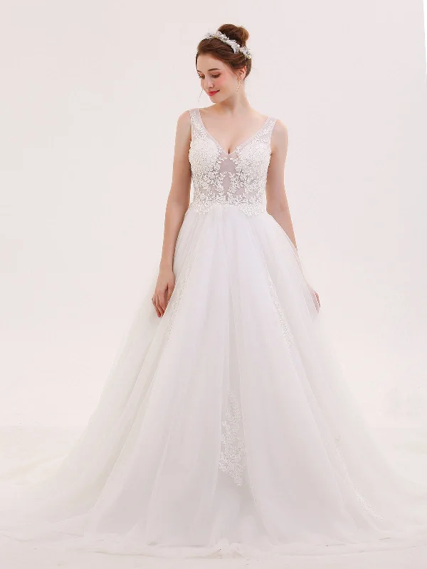 Court train A - line wedding dressV-neck See Through Beaded Wedding Dress-Ivory