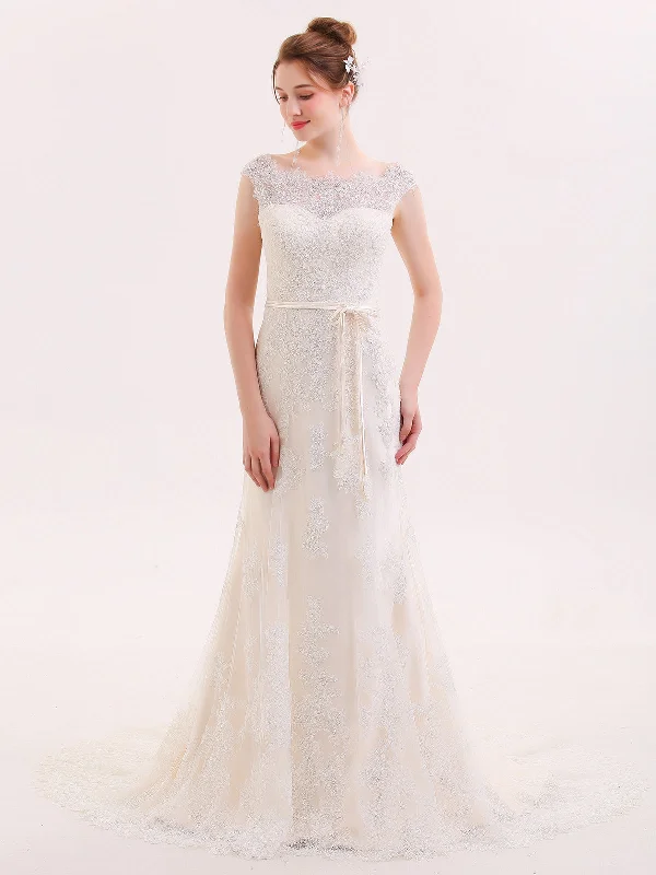 Sheath - style wedding dress with a slitIllusion Neck Sheath Lace Wedding Dress-Champagne Sheath - style wedding dress with a slitIllusion Neck Sheath Lace Wedding Dress-Champagne
