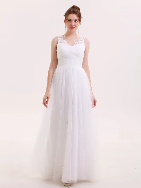 Jeweled - bodice wedding dress for a sparkly lookTulle Full Length Dress with Lace Strap-White Jeweled - bodice wedding dress for a sparkly lookTulle Full Length Dress with Lace Strap-White