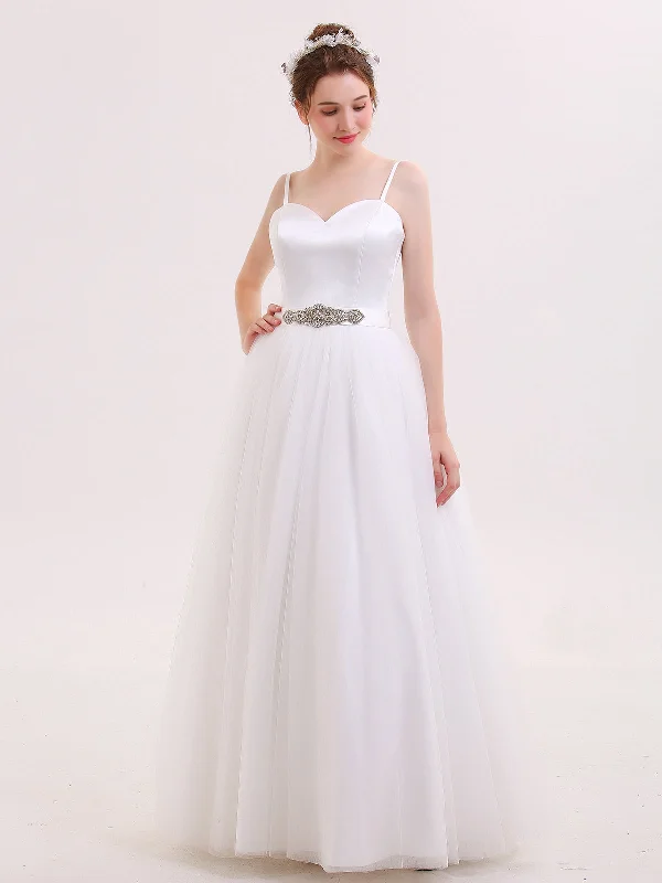 Lace - over - satin wedding dress for a classic combinationSpaghetti Strap Bride Gown with Sash-Ivory Lace - over - satin wedding dress for a classic combinationSpaghetti Strap Bride Gown with Sash-Ivory