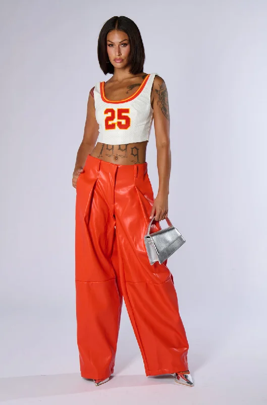 Patchwork wide leg denim pants for women in a creative and unique styleBABY COME OVER PU PANT IN ORANGE
