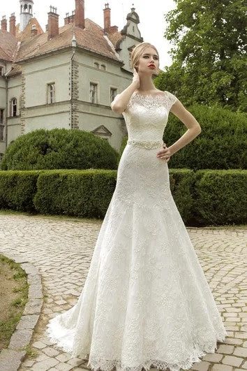 Historical - era - themed wedding dressBateau Cap Sleeve Corset Back Lace Dress With Flower