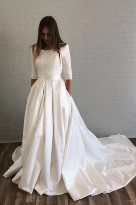 Plus - size A - line wedding dress for a comfortable fitBateau Satin Half Sleeves Wedding Dresses with Pockets