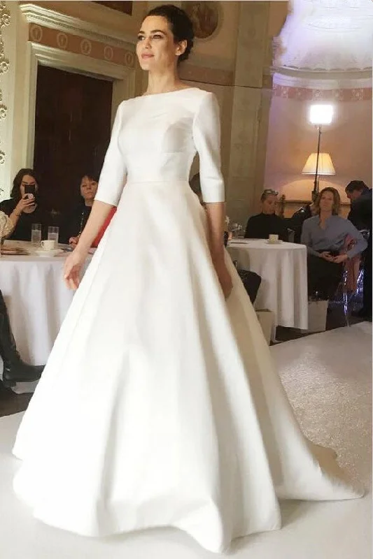 Military - inspired wedding dressBateau Satin Modest Wedding Dress with Sleeves