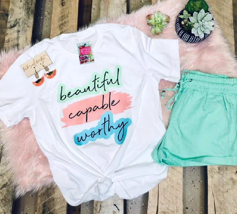 Women's off - the - shoulder T - shirt for a flirty lookBeautiful Capable Worthy Tee