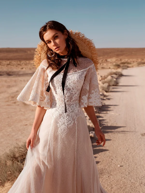 Contemporary geometric - print wedding dressBell Sleeves Bohemian Wedding Gown