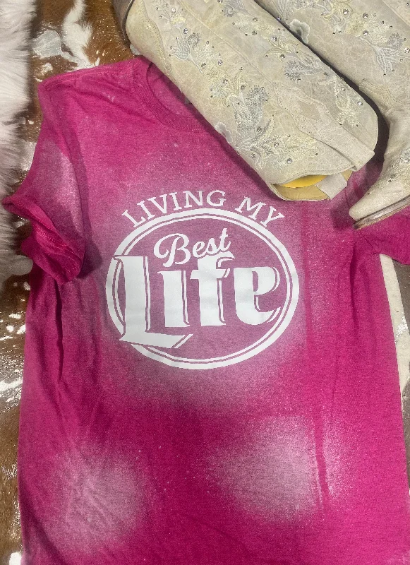 Printed women's T - shirt with a geometric - floral patternBerry Living My Best Life Bleached Tee
