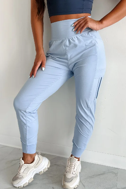 Solid color wide leg denim pants for women in a minimalist and trendy styleBestie For The Restie Butter Soft Side Pocket Joggers (Pastel Blue)