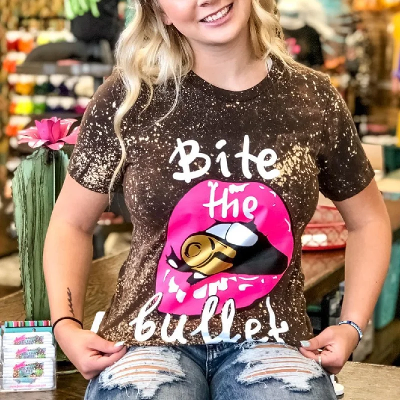 Mock - neck women's T - shirt with a drawstring hoodBite The Bullet Bleached Tee