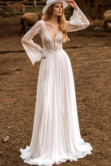 Glamorous mermaid - style wedding dressBohemian A Line Tulle Floor-length Long Sleeve Open Back Wedding Dress with Ruching Glamorous mermaid - style wedding dressBohemian A Line Tulle Floor-length Long Sleeve Open Back Wedding Dress with Ruching