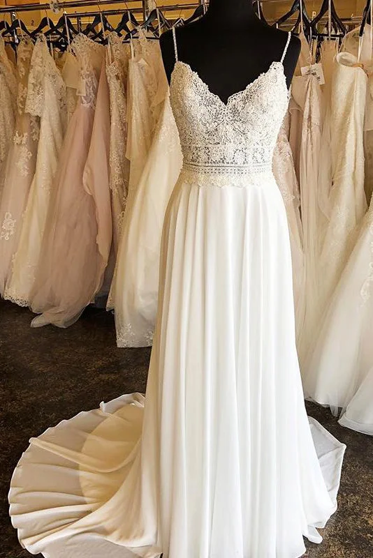 Princess Style Wedding Dresses with Tulle Overlay and Floral EmbroideryBoho Long Spaghetti Strap A-line Ivory Wedding Dress with Lace Princess Style Wedding Dresses with Tulle Overlay and Floral EmbroideryBoho Long Spaghetti Strap A-line Ivory Wedding Dress with Lace