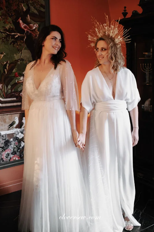 Sheath - style wedding dress with a slitBoho Simple Chiffon V-neck Half Sleeves Column Wedding Dresses, CW0297 Sheath - style wedding dress with a slitBoho Simple Chiffon V-neck Half Sleeves Column Wedding Dresses, CW0297
