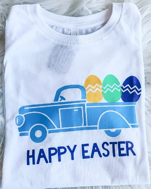 Mock neck women's T - shirt for a modern twistBoy's Happy Truckin' Easter