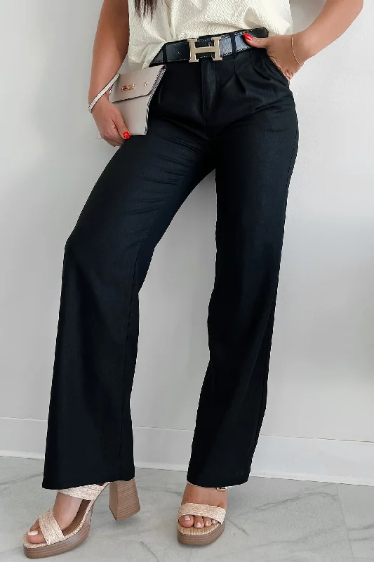 Polyester pants with stretch for women in comfortBrunch In Nantucket Linen Wide Leg Pant (Black)