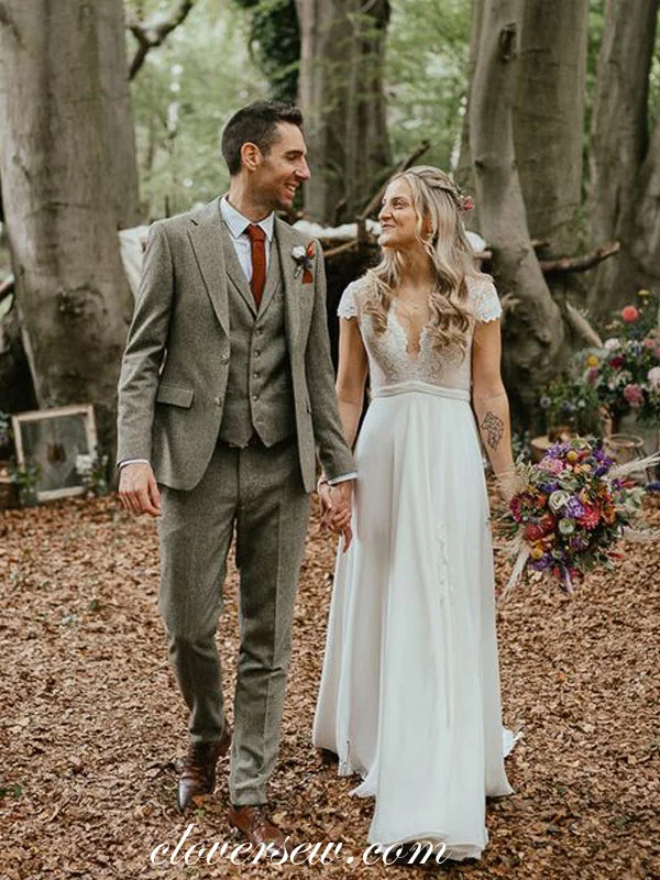 Military - inspired wedding dressCap Sleeves Lace Chiffon Open Back Country Wedding Dresses, CW0298 Military - inspired wedding dressCap Sleeves Lace Chiffon Open Back Country Wedding Dresses, CW0298