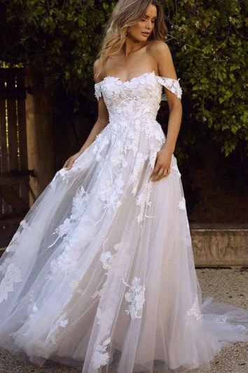 Natural - fabric - made wedding dressCasual Off-the-shoulder A Line Floor-length Court Train Sleeveless Wedding Dress With Appliques Natural - fabric - made wedding dressCasual Off-the-shoulder A Line Floor-length Court Train Sleeveless Wedding Dress With Appliques