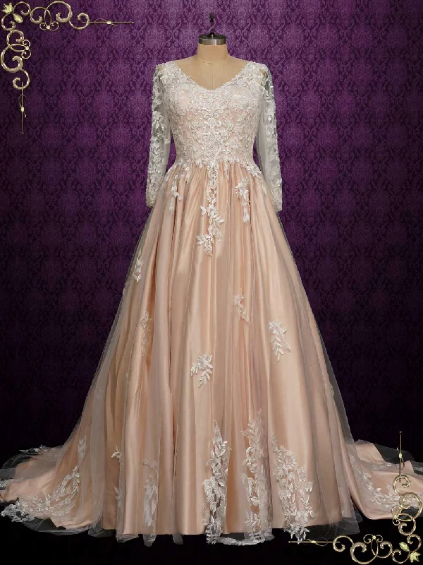 Embroidered illusion neckline wedding dressChampagne Long Sleeves Lace Wedding Dress RYLEE Embroidered illusion neckline wedding dressChampagne Long Sleeves Lace Wedding Dress RYLEE