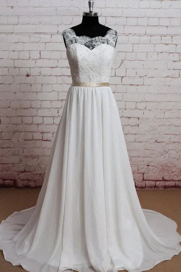 Wedding Dresses with Ruffled Hem and Bow at the Waist and Satin Ribbon and Embroidered Floral Patterns for a Sweet and Feminine LookChiffon A-Line Sleeveless Lace-Bodice Dress With Illusion Back Wedding Dresses with Ruffled Hem and Bow at the Waist and Satin Ribbon and Embroidered Floral Patterns for a Sweet and Feminine LookChiffon A-Line Sleeveless Lace-Bodice Dress With Illusion Back