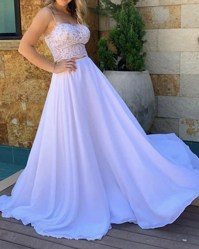 Graceful long - train wedding dressChiffon Beach Wedding Dresses Two Piece Lace Crop