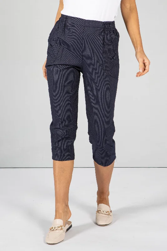 Patchwork denim pants for women in a creative designCropped Dark Navy Pinstripe Trousers