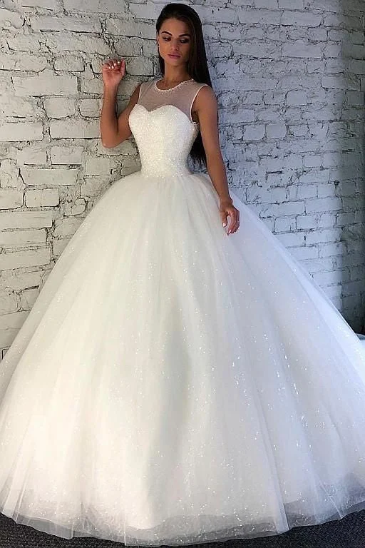 Satin - and - lace combination wedding dressCrystals Ball Gown Illusion Neckline Bridal Dress with Sequin Tulle Skirt Satin - and - lace combination wedding dressCrystals Ball Gown Illusion Neckline Bridal Dress with Sequin Tulle Skirt
