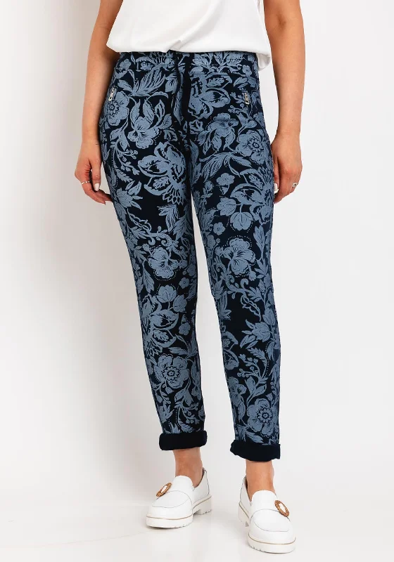 Embroidered pants for women in ethnic designsD.E.C.K By Decollage Floral Print Slim Leg Trousers, Navy