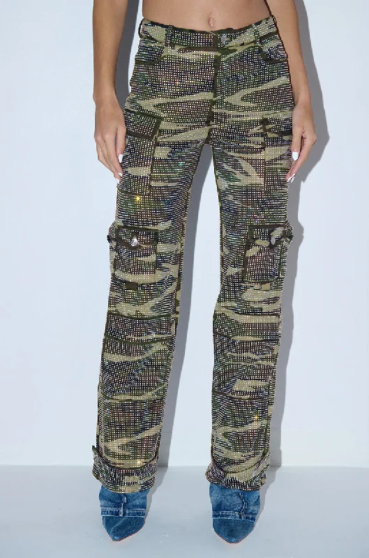 Wide leg cotton pants for women in summer comfortDOWN AND DIRTY CAMO WIDE LEG RHINESTONE CARGO PANT