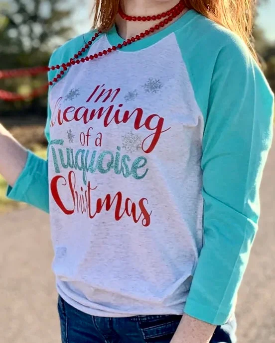 Printed women's T - shirt with a geometric - nautical patternDreaming of a Turquoise Christmas Tee