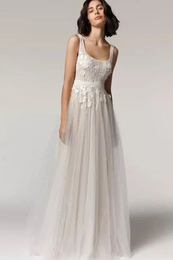 Feather - trimmed wedding dress for a romantic touchElegant A Line Scoop Neckline Tulle Open back Wedding Dress with Appliques Feather - trimmed wedding dress for a romantic touchElegant A Line Scoop Neckline Tulle Open back Wedding Dress with Appliques
