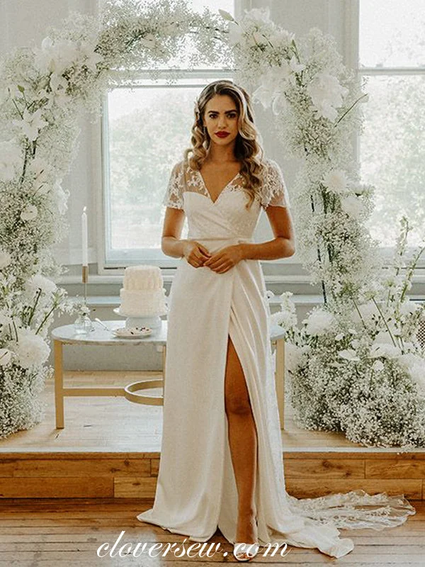 Quirky - designed wedding dress for an individual brideElegant Lace Chiffon Short Sleeves V-neck Column Slit Wedding Dresses, CW0295 Quirky - designed wedding dress for an individual brideElegant Lace Chiffon Short Sleeves V-neck Column Slit Wedding Dresses, CW0295