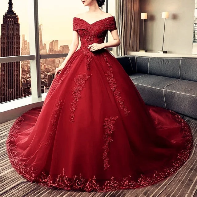 Outdoor - wedding - perfect lightweight wedding dressElegant Lace Off Shoulder Royal Train Maroon Wedding Dresses Outdoor - wedding - perfect lightweight wedding dressElegant Lace Off Shoulder Royal Train Maroon Wedding Dresses