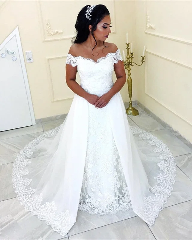 Detachable skirt wedding dress for versatilityElegant Lace V-neck Off The Shoulder Tulle Sweep Train Wedding Dresses Detachable skirt wedding dress for versatilityElegant Lace V-neck Off The Shoulder Tulle Sweep Train Wedding Dresses