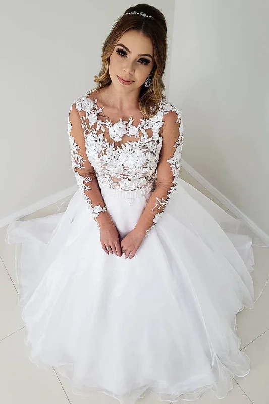 Satin - and - lace combination wedding dressPrincess A-line Long Sleeves White Wedding Dress with Belt Satin - and - lace combination wedding dressPrincess A-line Long Sleeves White Wedding Dress with Belt