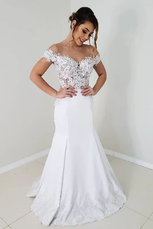 Padded - bust wedding dress for added supportPrincess Off Shoulder Mermaid White Lace Wedding Dress Padded - bust wedding dress for added supportPrincess Off Shoulder Mermaid White Lace Wedding Dress