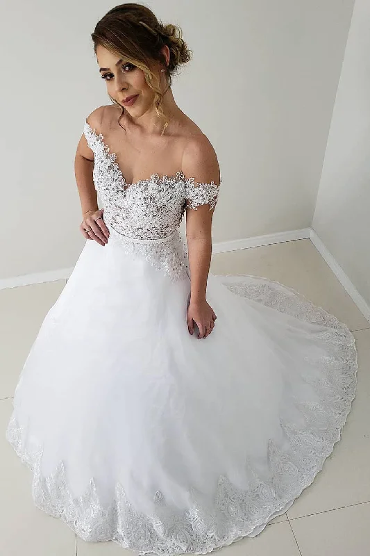 A - line ball gown wedding dress with cathedral trainPrincess A-line Off the Shoulder White Wedding Dress with Lace A - line ball gown wedding dress with cathedral trainPrincess A-line Off the Shoulder White Wedding Dress with Lace