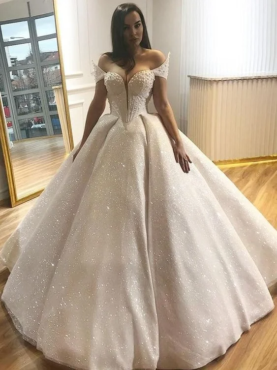 Peplum - style wedding dress for a flattering silhouetteElegant Prom Dress, Ball Gown Off-the-Shoulder Floor Length Lace Wedding Dress with Beading   cg18805