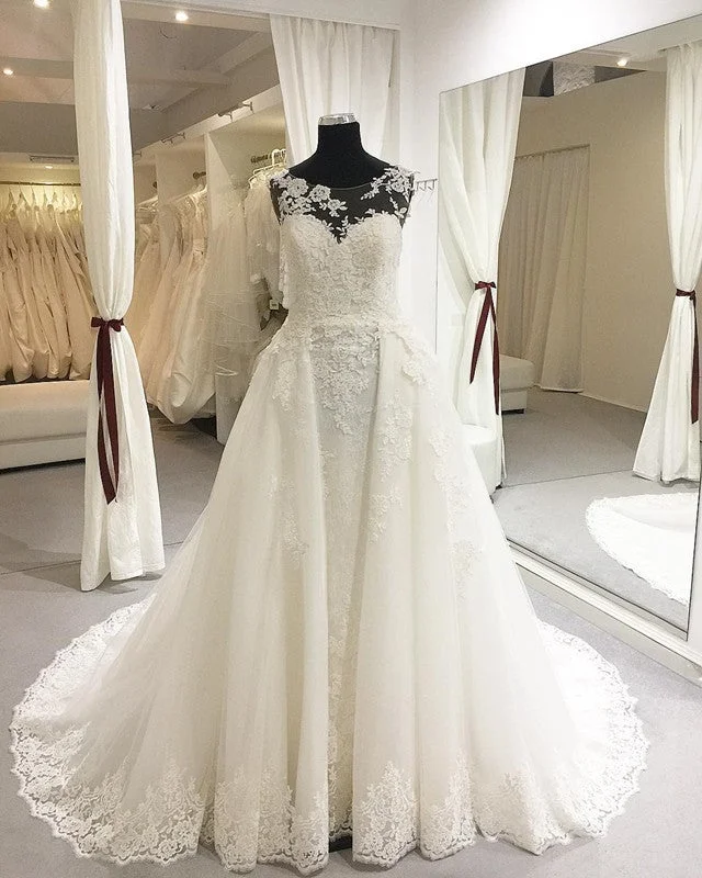 Beach - appropriate short wedding dressElegant Sheer Lace Appliques Neckline Court Train Princess Wedding Dresses Beach - appropriate short wedding dressElegant Sheer Lace Appliques Neckline Court Train Princess Wedding Dresses