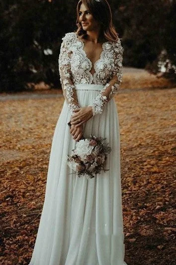Cape - backed wedding dress for a dramatic entranceEthereal A Line Chiffon Plunging Neckline Wedding Dress with Split Front Cape - backed wedding dress for a dramatic entranceEthereal A Line Chiffon Plunging Neckline Wedding Dress with Split Front