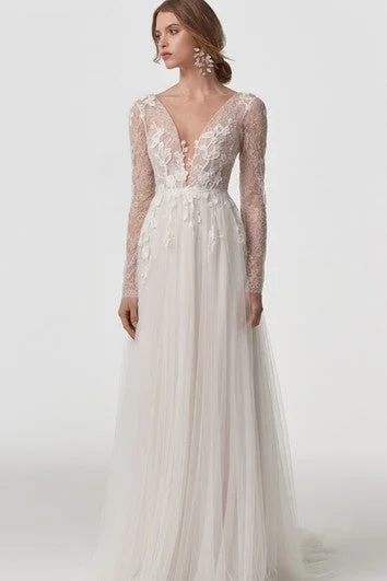 Sleeve - less wedding dress for a summer weddingEthereal V-neck Lace Tulle A Line Long Sleeve Floor-length Sweep Train Wedding Dress with Appliques Sleeve - less wedding dress for a summer weddingEthereal V-neck Lace Tulle A Line Long Sleeve Floor-length Sweep Train Wedding Dress with Appliques