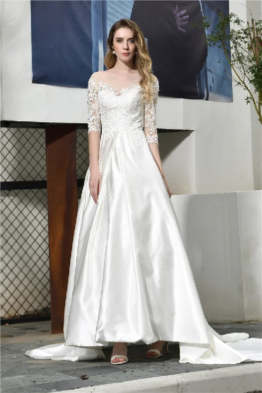 Cut - out detail modern wedding dressPrincess Half Sleeves White Wedding Dress