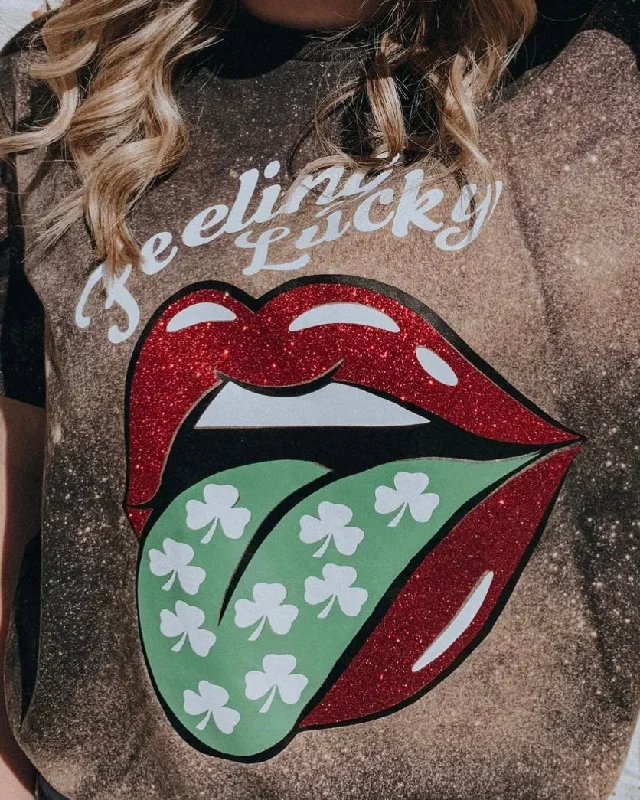 Women's T - shirt with a patchwork designFeeling Lucky Bleached Tee