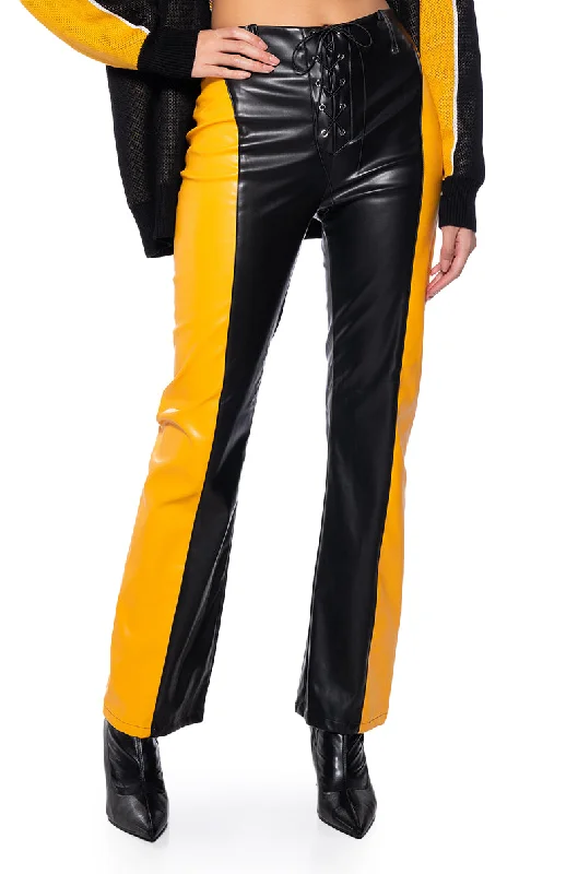 Thermal lined wide leg pants for women in a warm and stylish styleFEMME RACING FAUX LEATHER TIE UP PANT