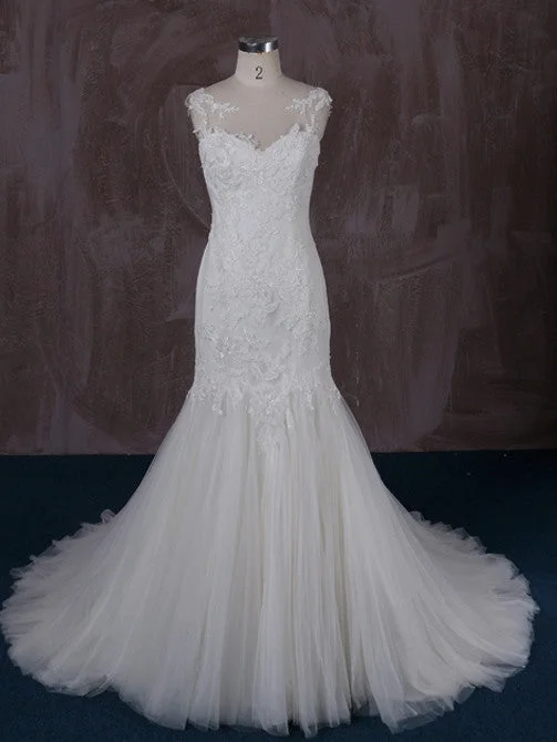 Disney - princess - inspired wedding dressFit and Flare Mermaid Lace Wedding Dress with Illusion Neckline and Illusion Back | QT85330 Disney - princess - inspired wedding dressFit and Flare Mermaid Lace Wedding Dress with Illusion Neckline and Illusion Back | QT85330