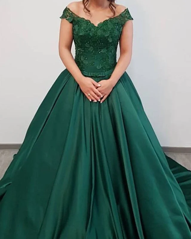 Feather - trimmed wedding dress for a romantic touchFlowers Beaded Off Shoulder Satin Ball Gown Wedding Dress