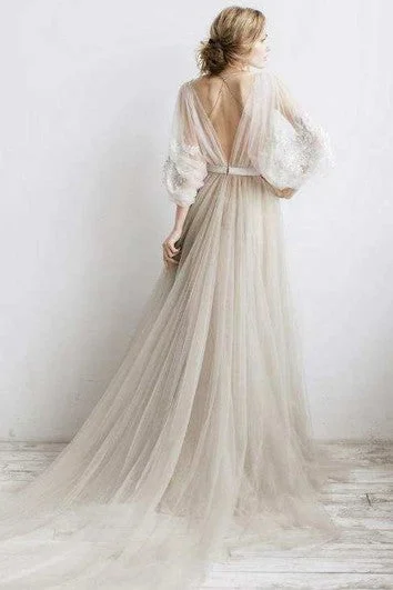 Illusion - sleeved wedding dress for a delicate lookFlowy Illusion Tulle Pleated Dress With Floral Appliques And Deep-V Back