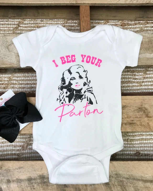 Women's T - shirt with a crocheted detailGirls Beg Your Parton Onesie