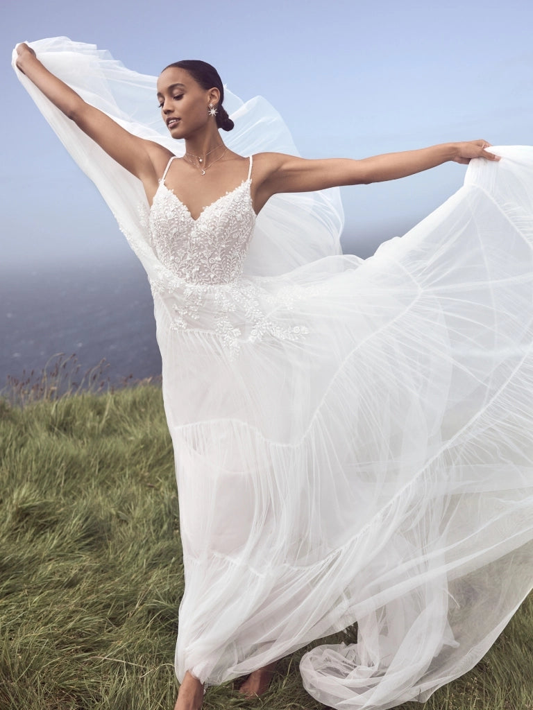 Embroidered illusion neckline wedding dressHarriet