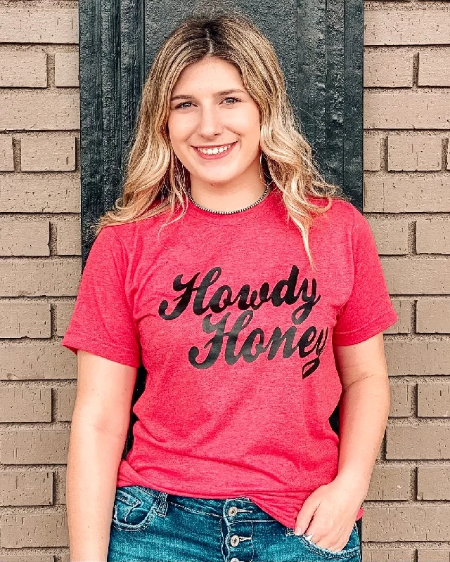 Open - work women's T - shirt with a lace - like patternHowdy Honey Red Tee